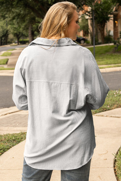 White Stripe Rolled Tab Sleeve Buttoned Plus Size Shirt