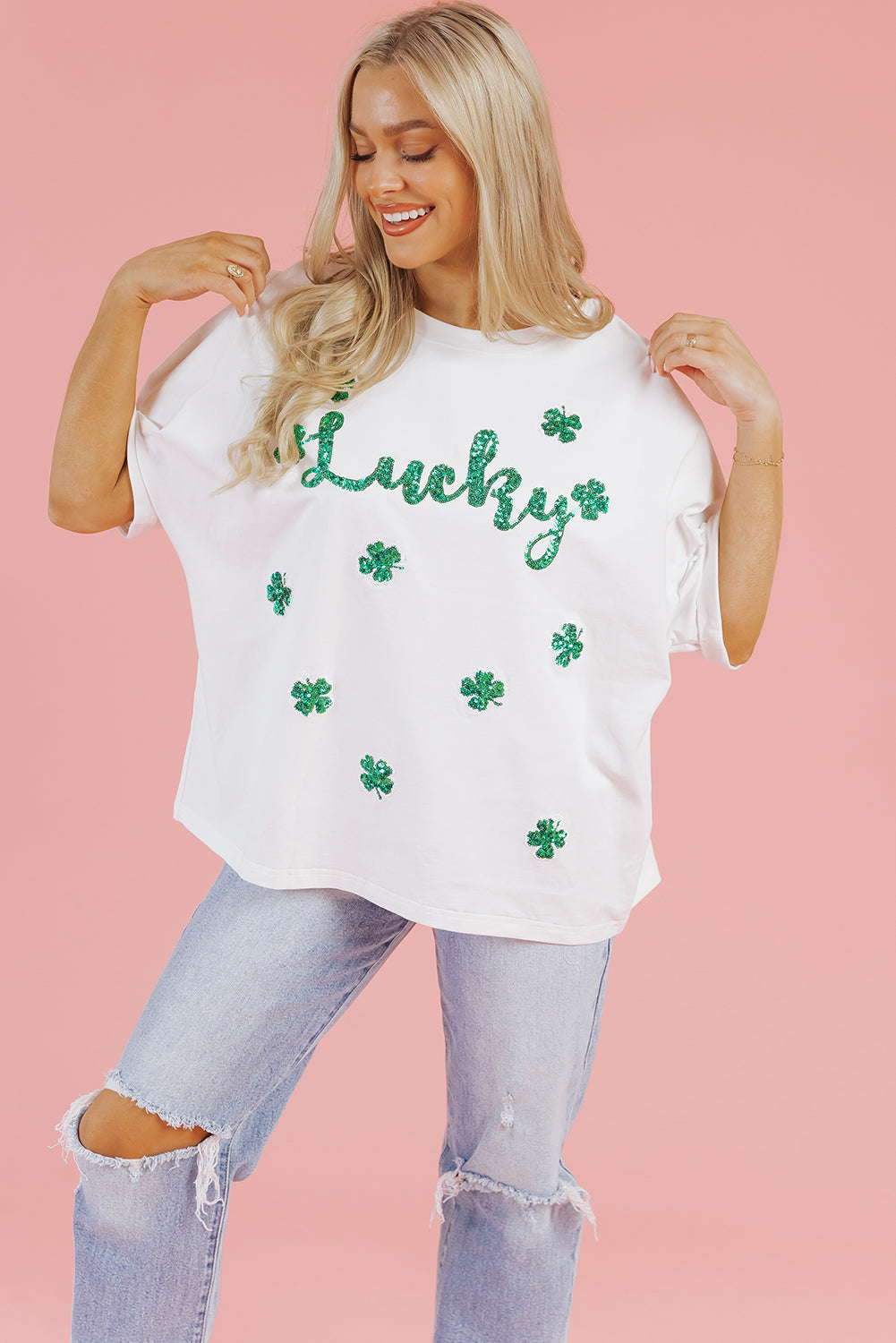 White St Patrick Lucky Clover Sequin Graphic T Shirt