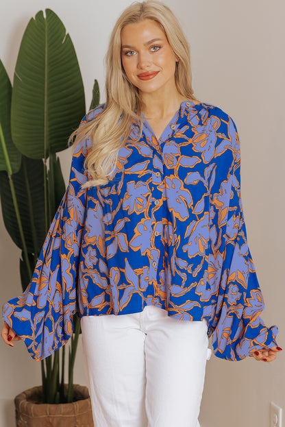 Pink Floral Print Batwing Sleeve Buttoned Loose Fit Shirt