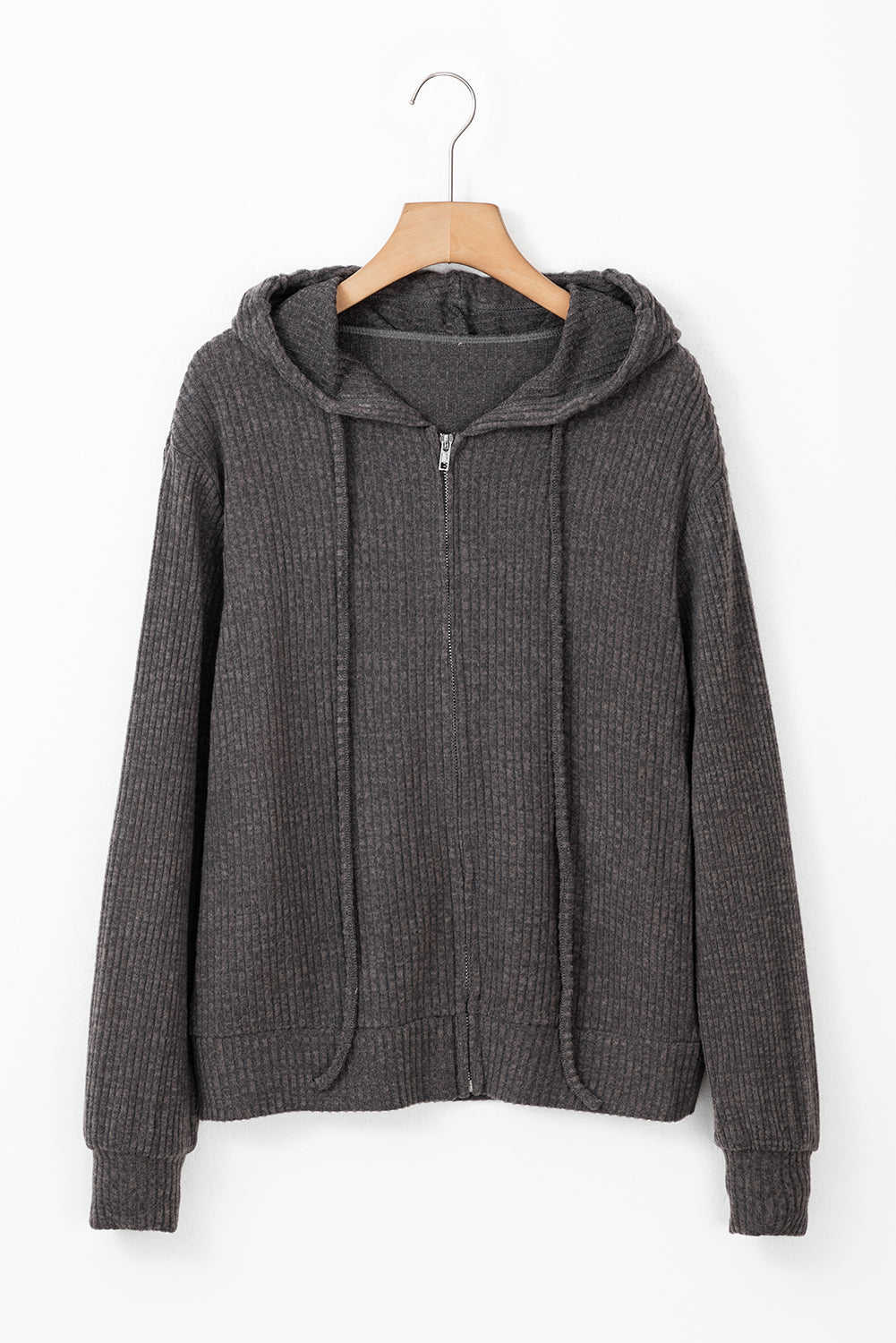 Evergreen Ribbed Zip Up Front Drawstring Hoodie