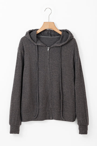 Evergreen Ribbed Zip Up Front Drawstring Hoodie