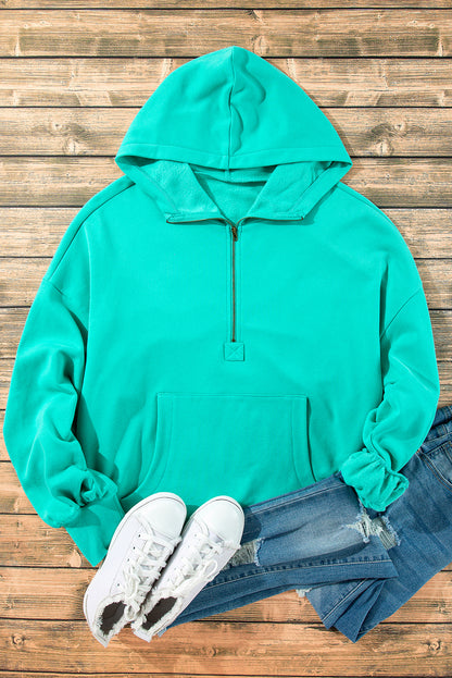 Bonbon Fleece Lined Half Zipper Kangaroo Pockets Loose Hoodie
