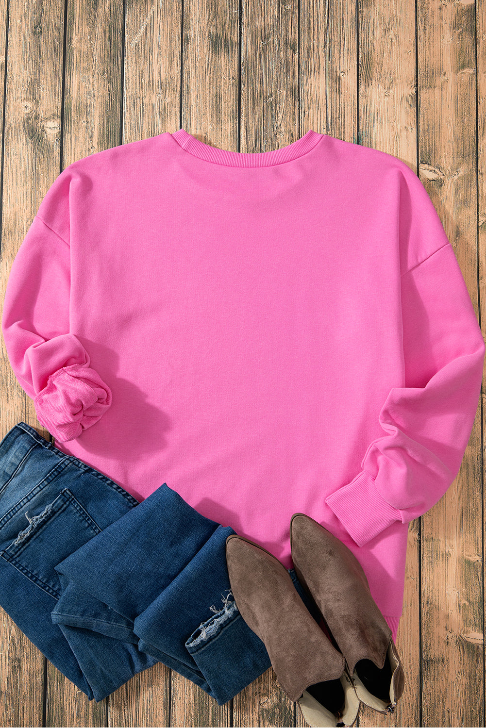Parchment Solid O Neck High Low Hem Pullover Sweatshirt