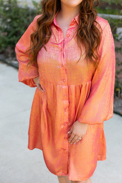 Peach Blossom Metallic Balloon Sleeve Shirt Plus Size Mini Dress