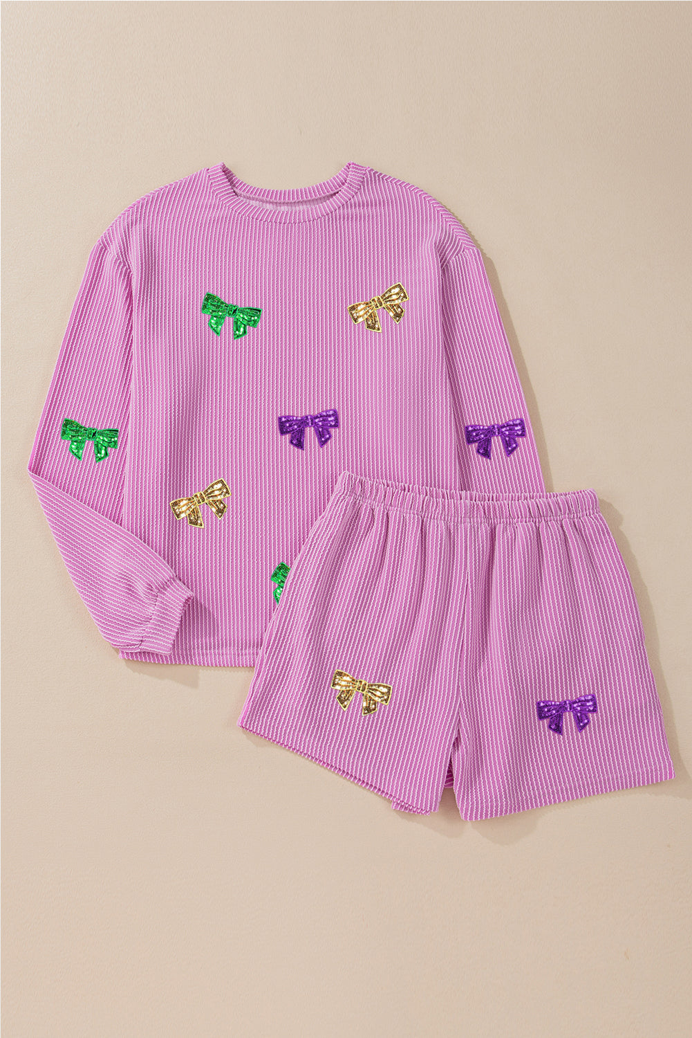 Carbon Grey Bowknot Patched Pattern Corded Long Sleeve Top and Shorts Outfit