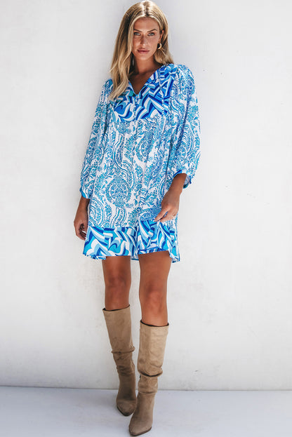 Orange Bohemian Print Puff Sleeve Tied V Neck Flared Mini Dress