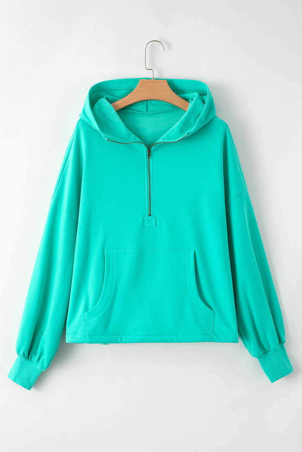 Bonbon Fleece Lined Half Zipper Kangaroo Pockets Loose Hoodie