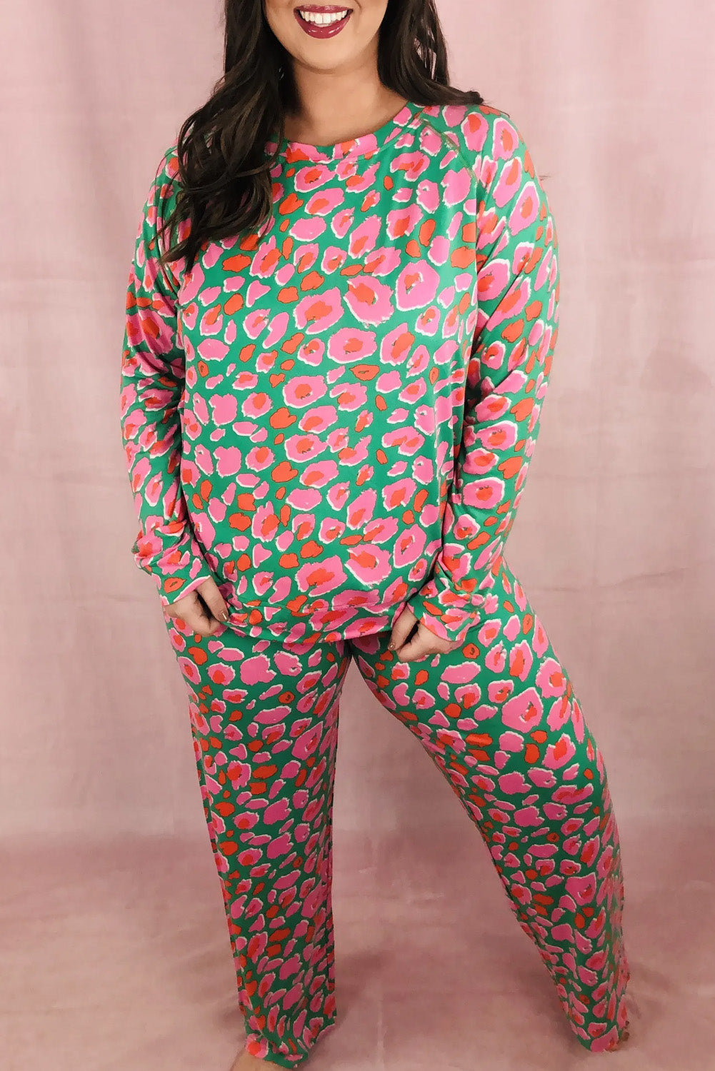 Black Plus Size Printed Long Sleeve and Pants Lounge Set