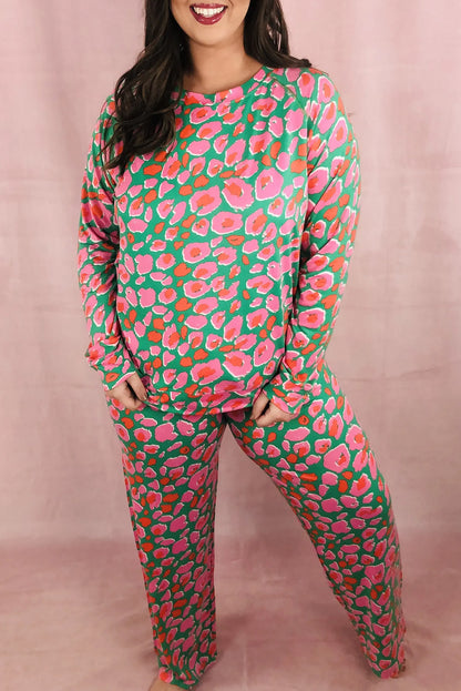 Black Plus Size Printed Long Sleeve and Pants Lounge Set