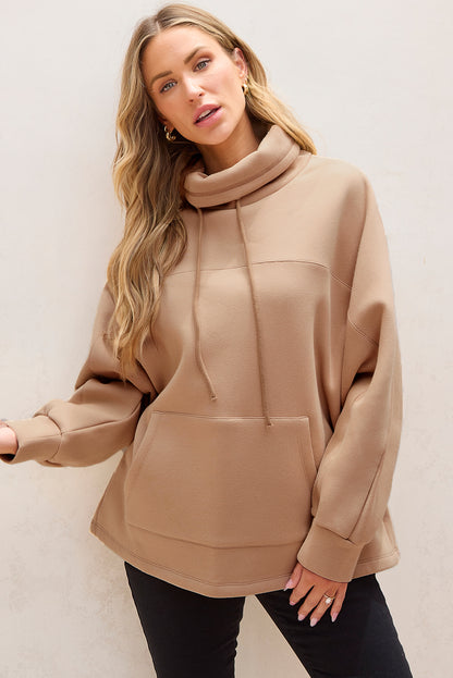 Apricot Drawstring Turtleneck Dolman Sleeve Sweatshirt