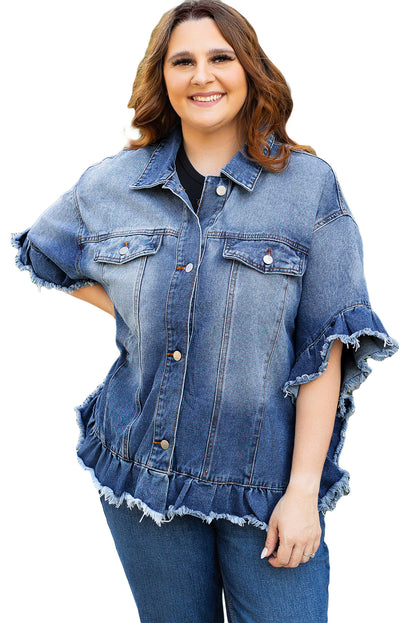 Peacock Blue Ruffled Frayed Short Sleeve Plus Size Denim Jacket