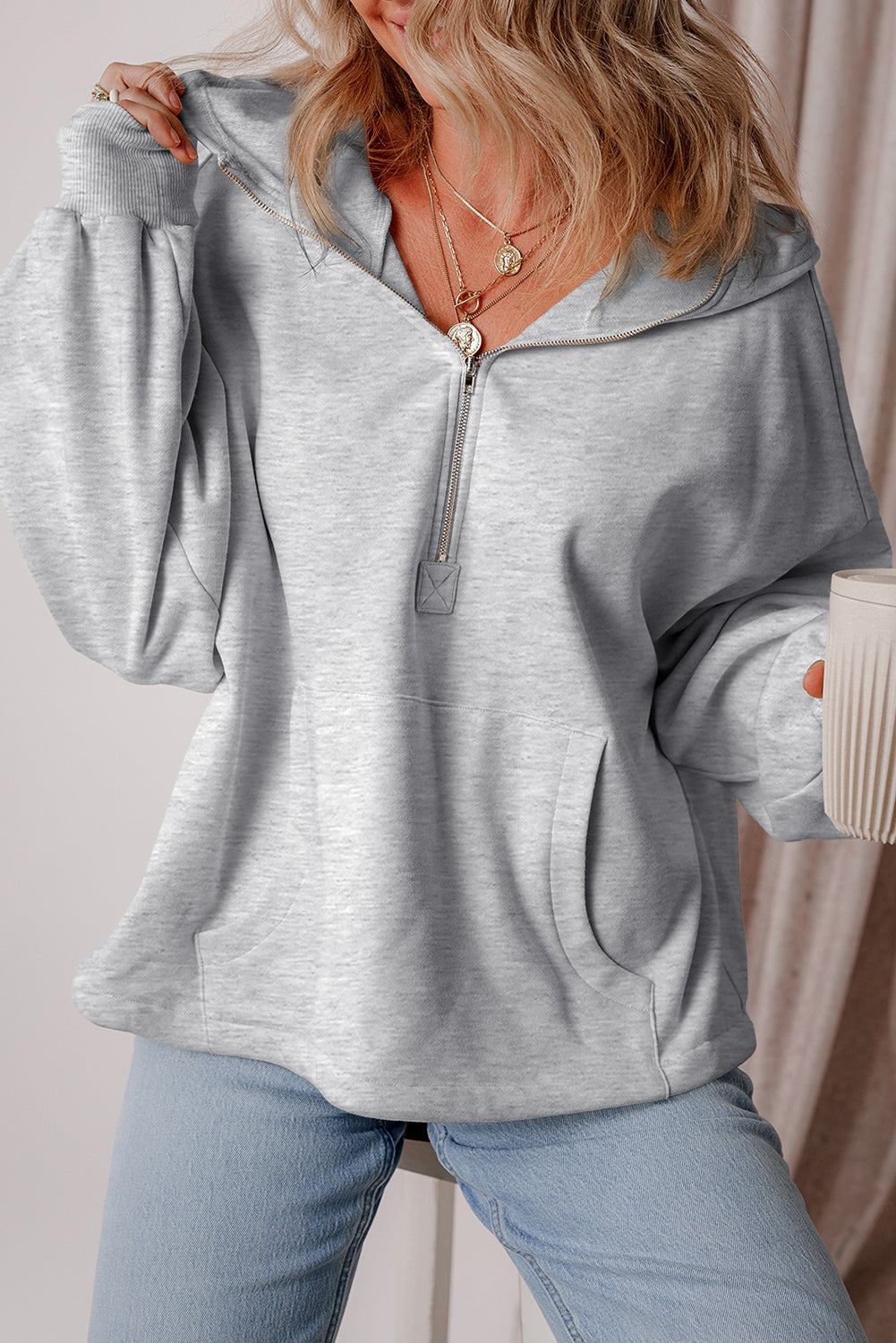 Bonbon Fleece Lined Half Zipper Kangaroo Pockets Loose Hoodie