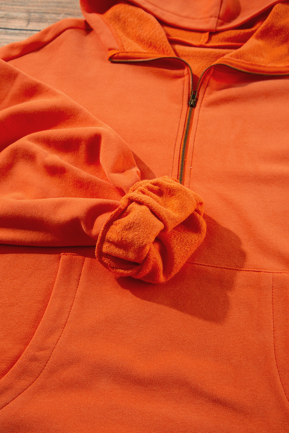 Bonbon Fleece Lined Half Zipper Kangaroo Pockets Loose Hoodie