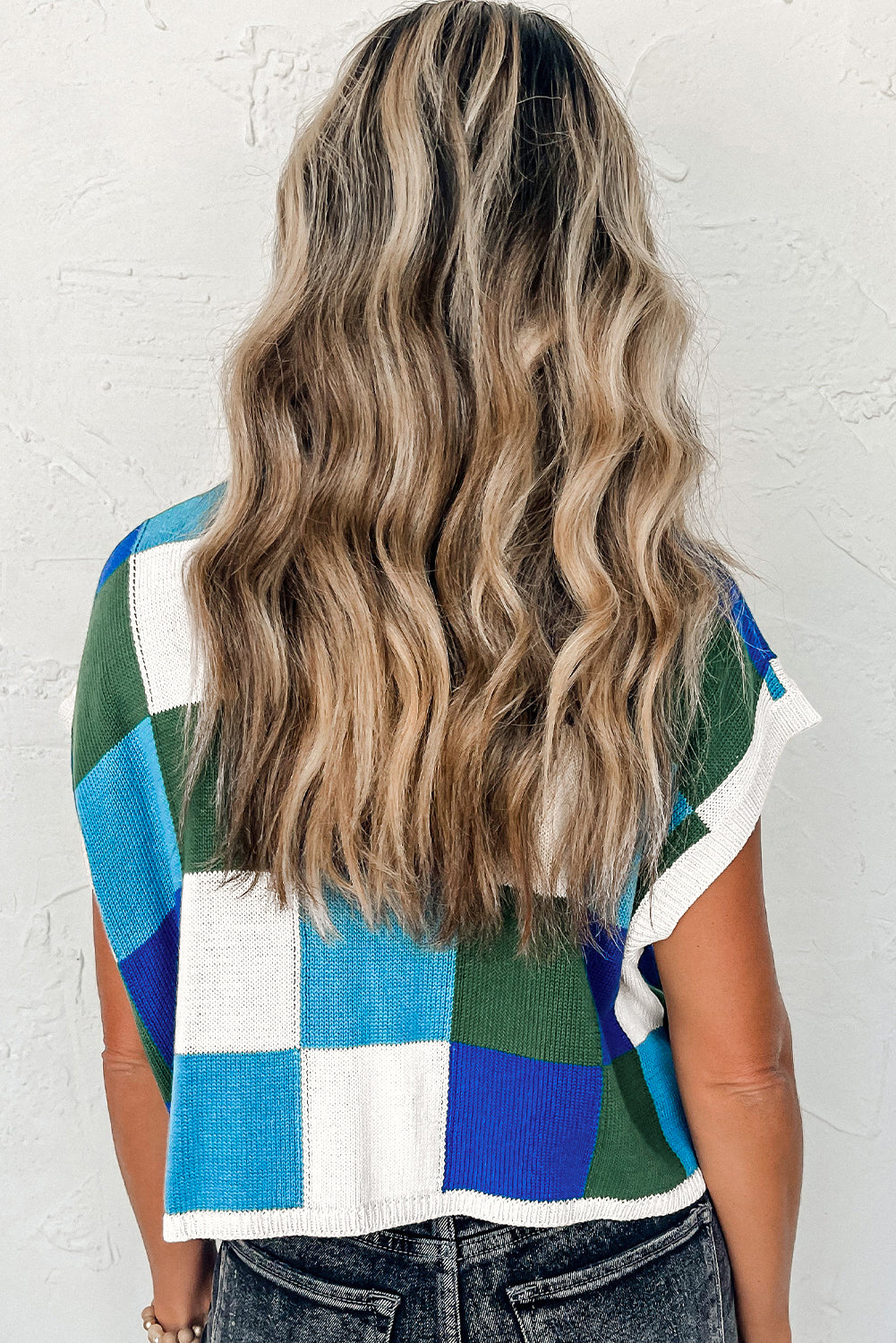 Dark Green Color Block Cap Sleeve Sweater