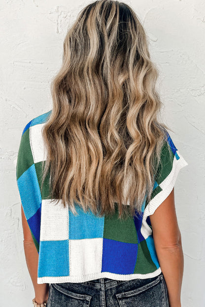 Dark Green Color Block Cap Sleeve Sweater