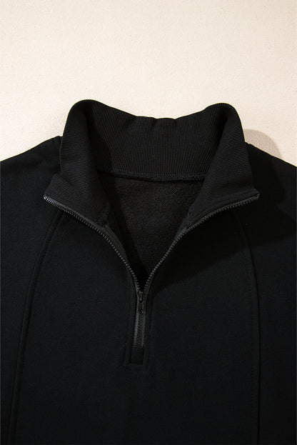 Smoke Gray Zipped Neck Pullover Drop Shoulder Sweatshirt