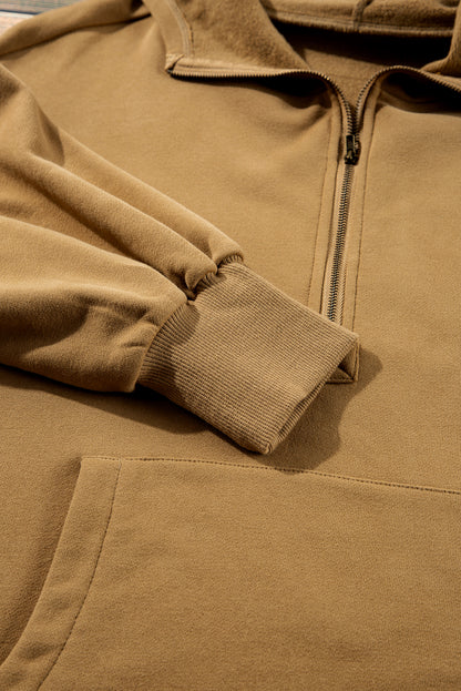 Bonbon Fleece Lined Half Zipper Kangaroo Pockets Loose Hoodie