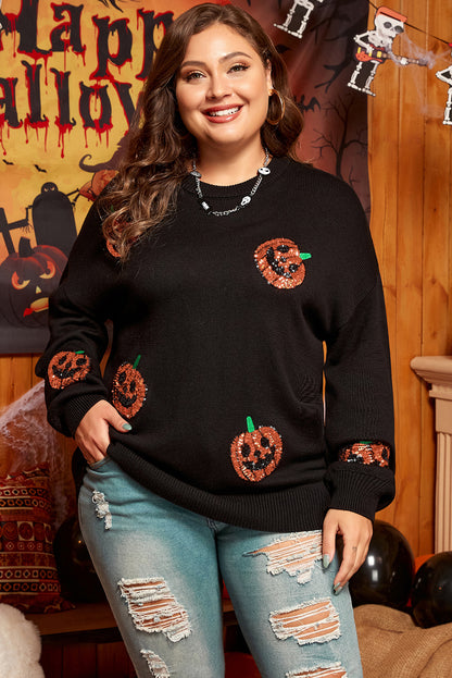 Black Plus Size Halloween Sequined Pumpkin Pattern Sweater