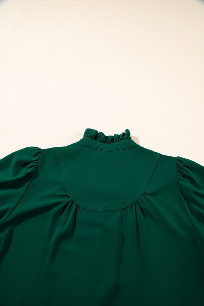 Green Stripe Plaid Puff Sleeve Frilled Trim Elegant Blouse