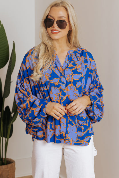 Pink Floral Print Batwing Sleeve Buttoned Loose Fit Shirt