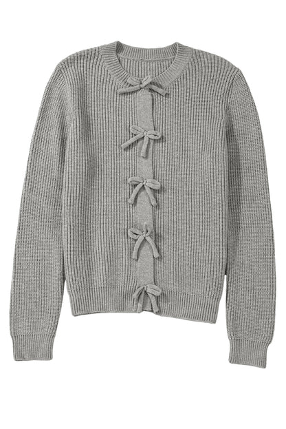 Fiery Red Ribbed Knit Bow Front Buttoned Cardigan