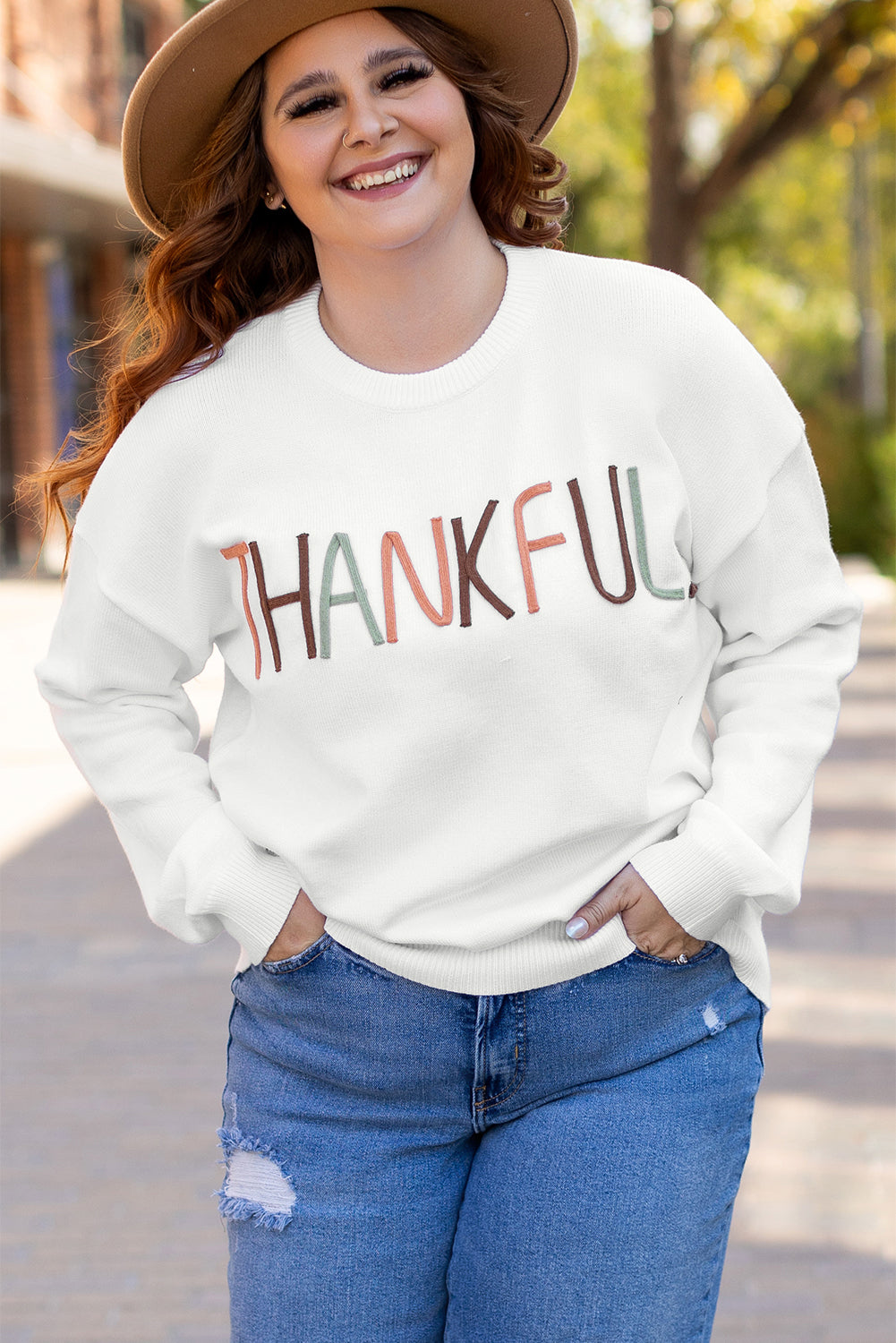 White Plus Size Thankful Ivory Embroidered Sweater