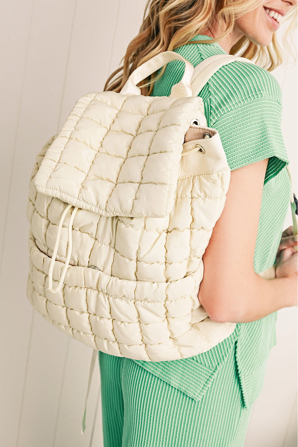 Dusk Blue Solid Flapped Quilted Puffer Backpack