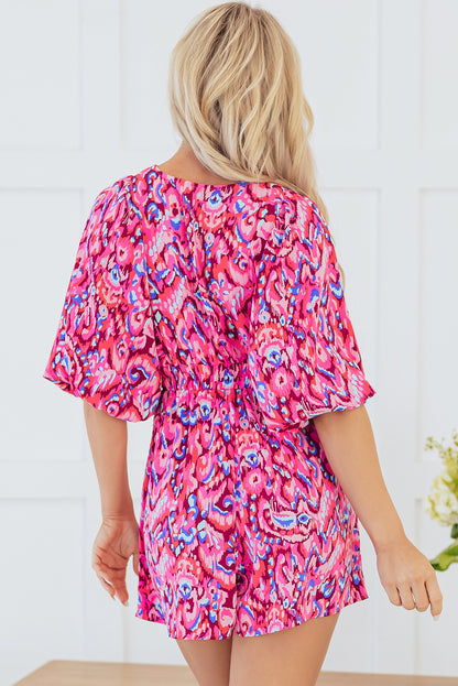 Green Abstract Print Puff Sleeve V Neck High Waist Romper