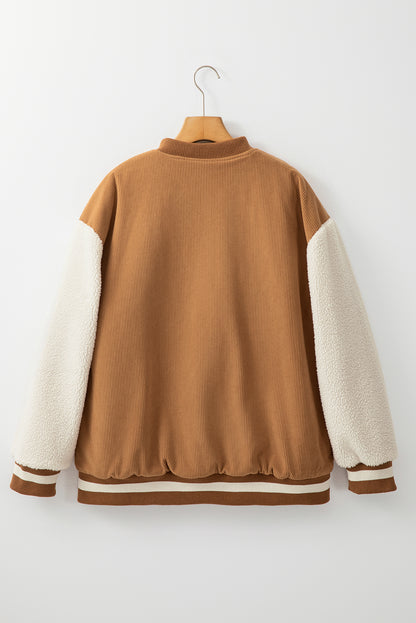 Mist Green Corduroy Fleece Patchwork Buttoned Bomber Jacket