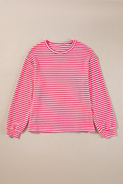 Rose Stripe Round Neck Drop Shoulder Long Sleeve Top