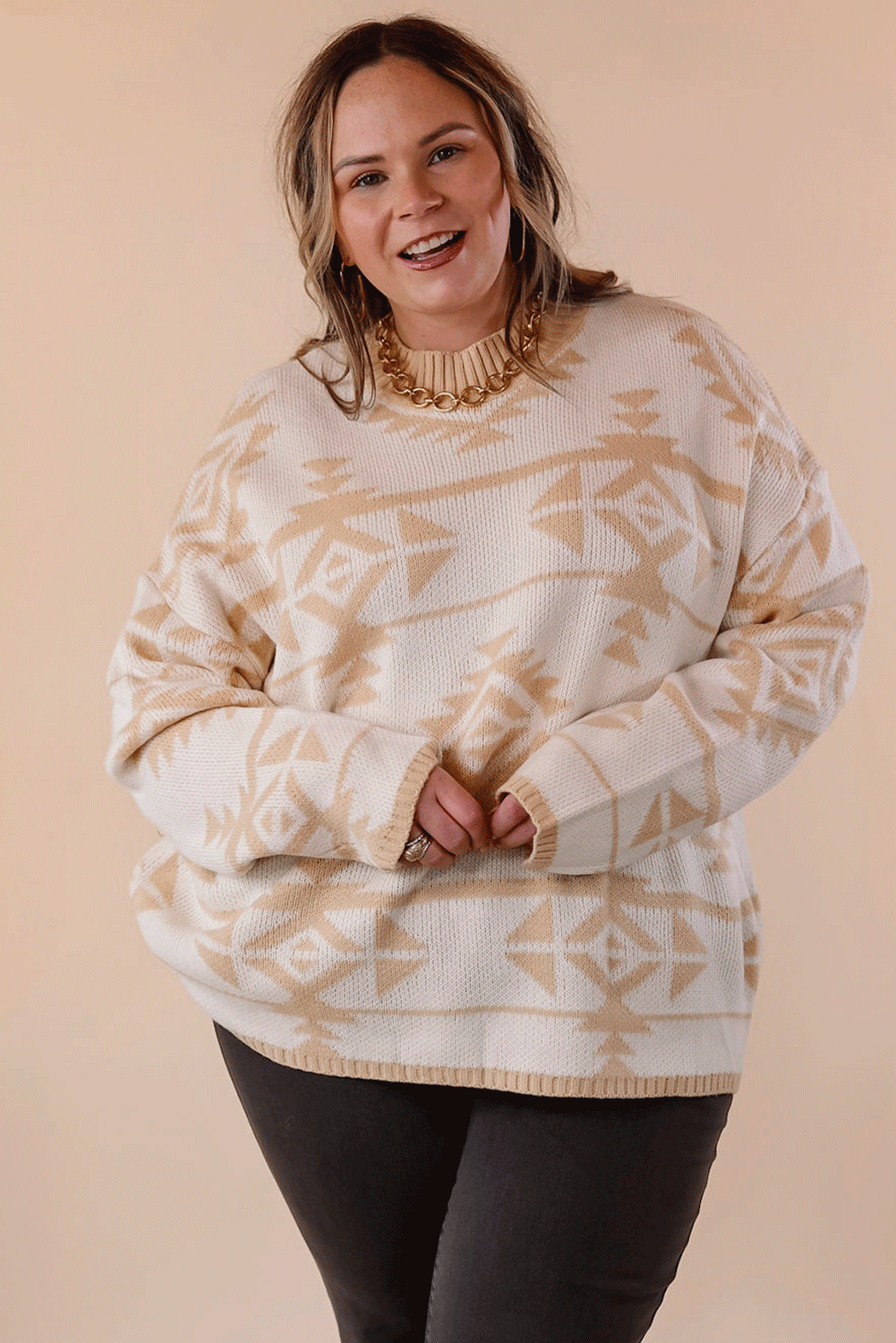 Apricot Plus Size Western Aztec Print Loose Sweater