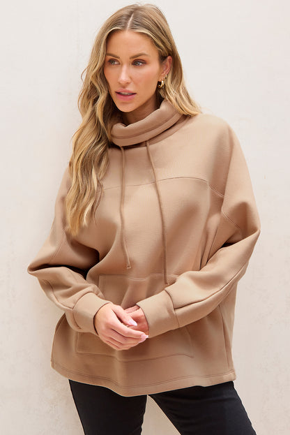 Apricot Drawstring Turtleneck Dolman Sleeve Sweatshirt