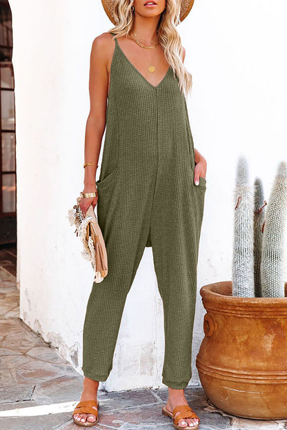 Gray Textured Sleeveless V-Neck Pocketed Casual Jumpsuit