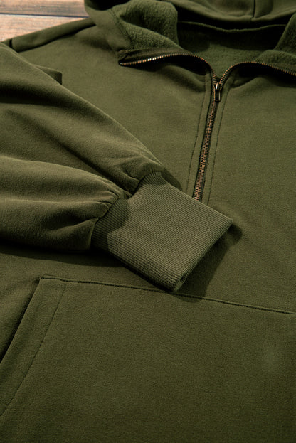 Bonbon Fleece Lined Half Zipper Kangaroo Pockets Loose Hoodie
