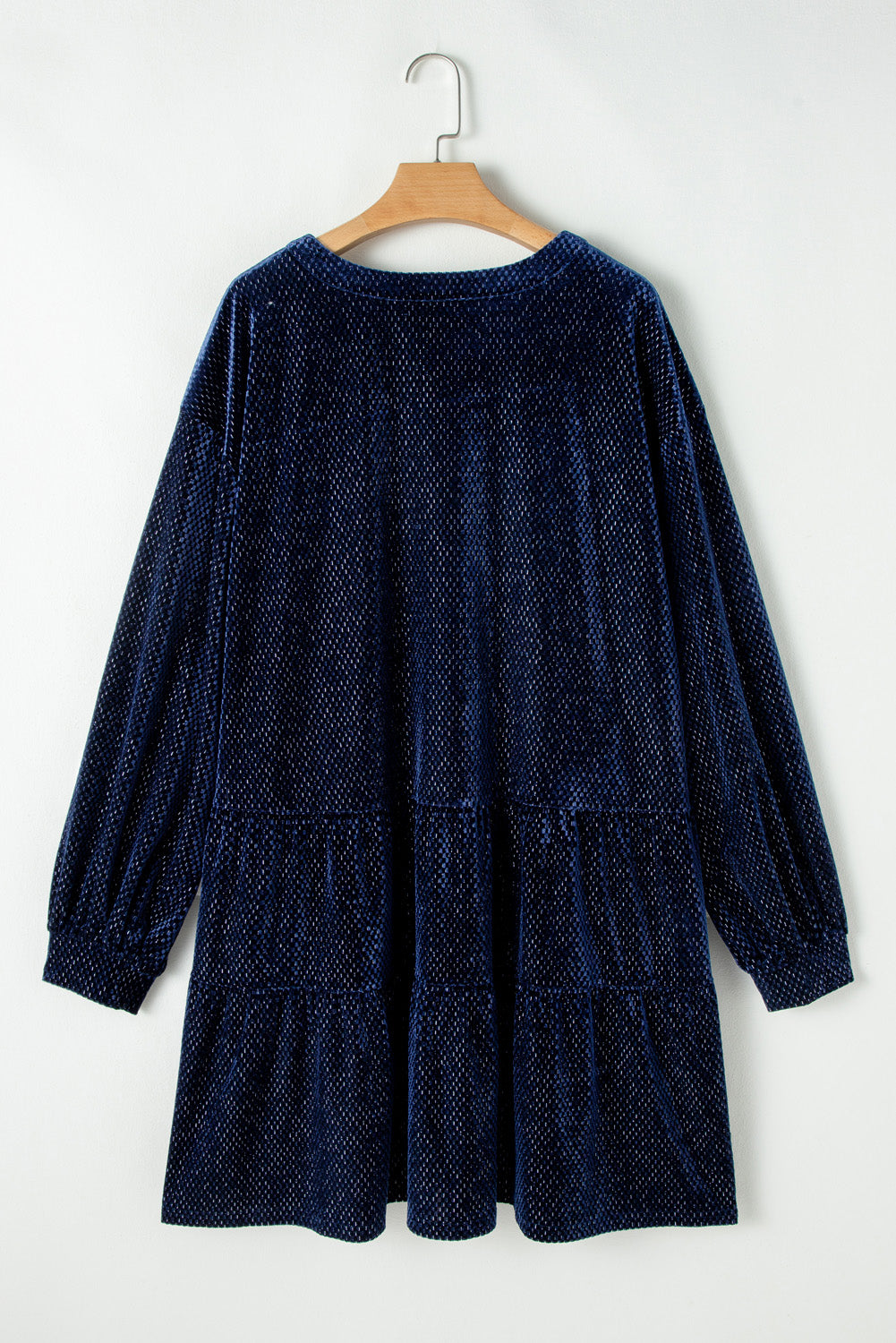 Navy Blue Plus Size Textured Velvet Tiered Button V Neck Dress