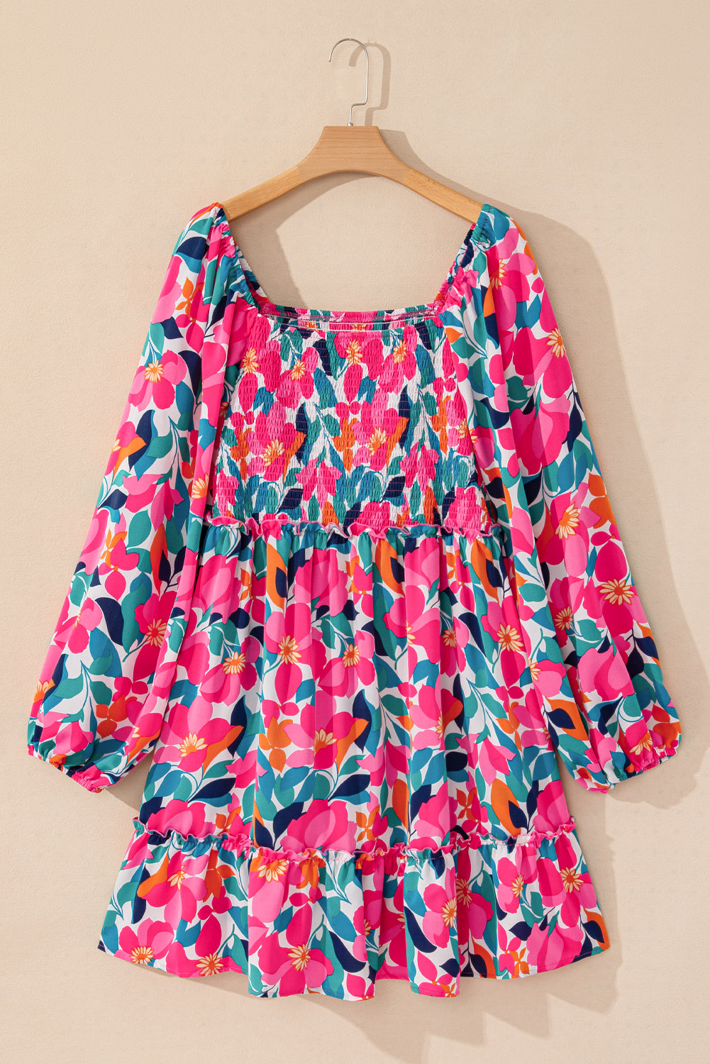 Rose Flower Print Smocked Square Neck Plus Size Dress