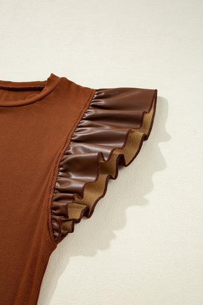 Black Leather Ruffle Sleeve Patchwork Round Neck Blouse
