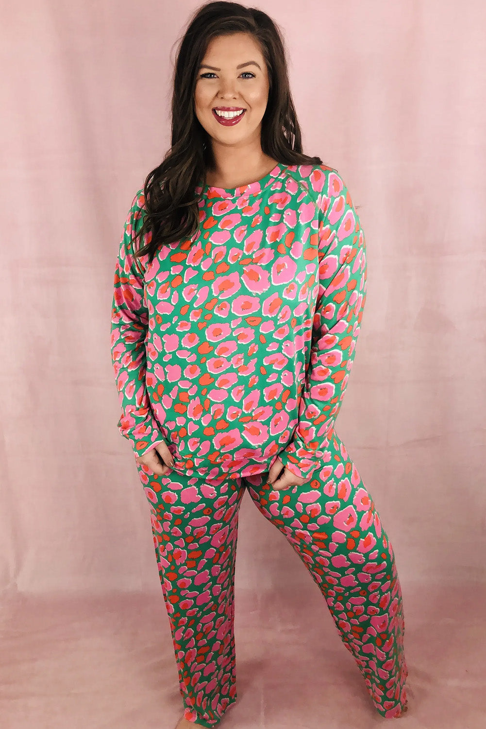 Black Plus Size Printed Long Sleeve and Pants Lounge Set