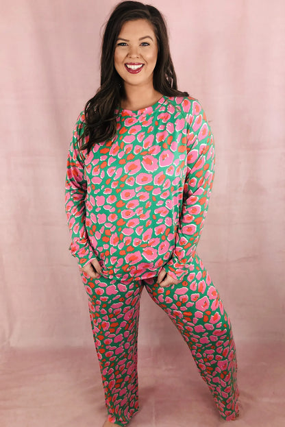 Black Plus Size Printed Long Sleeve and Pants Lounge Set
