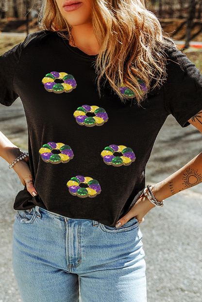 White Sequined Mardi Gras Pattern Crew Neck Short Sleeve Top