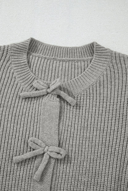 Fiery Red Ribbed Knit Bow Front Buttoned Cardigan