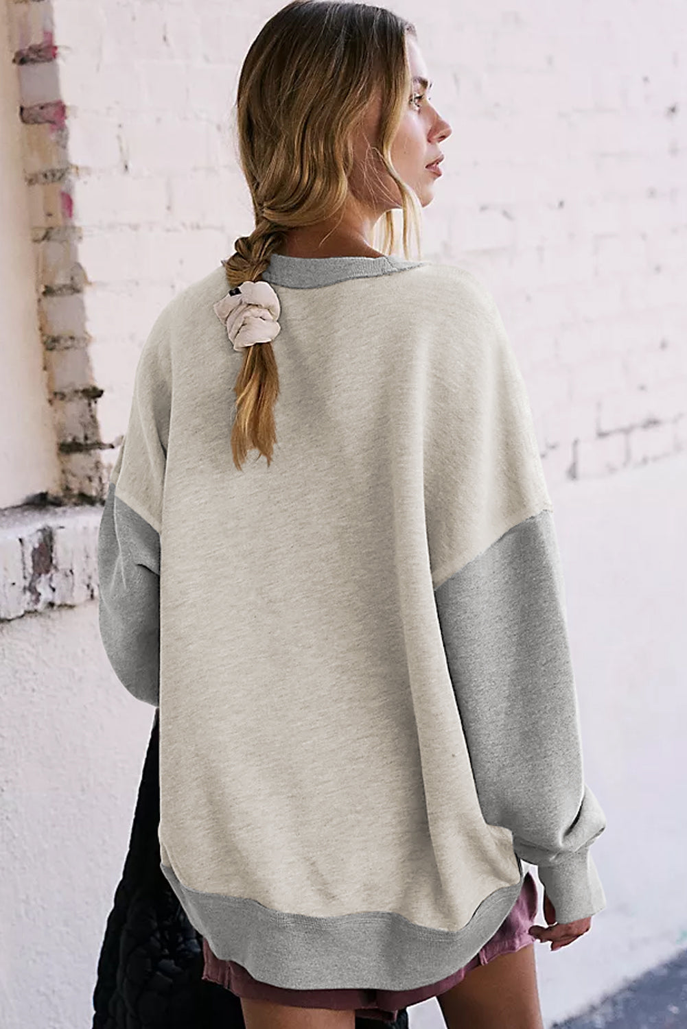 Parchment Color Block Thumbhole Sleeve Drop Shoulder Sweatshirt