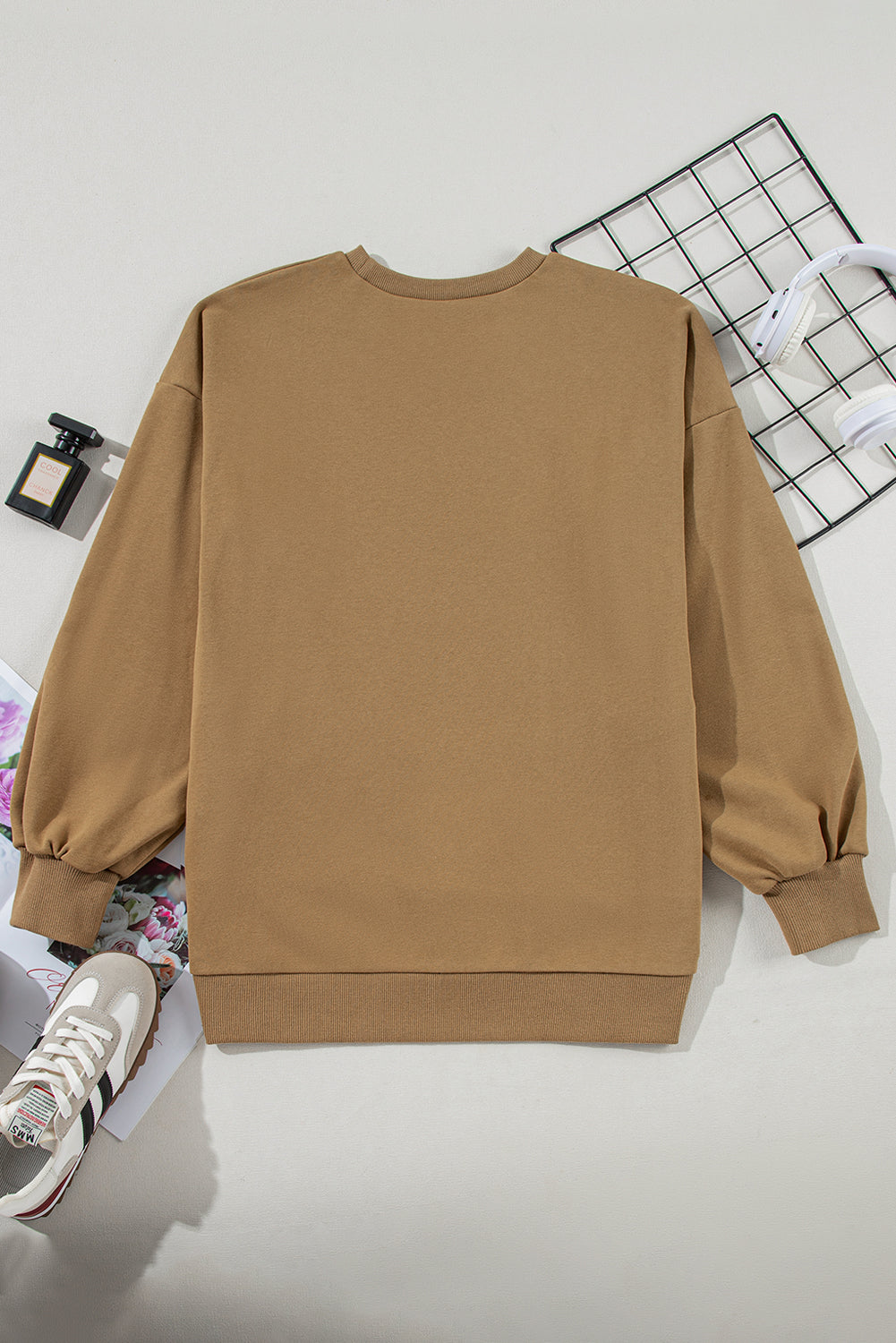Parchment Solid O Neck High Low Hem Pullover Sweatshirt
