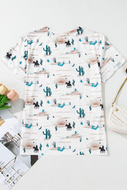 Beige Western Cactus Print Crew Neck Short Sleeve Top