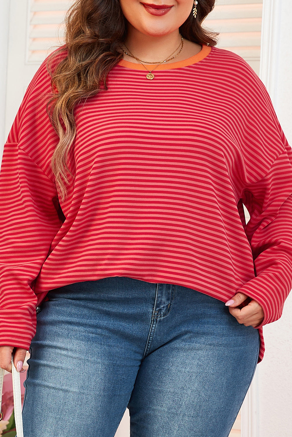 Orange Stripe Plus Size Drop Shoulder Long Sleeve Buttoned Decor Top