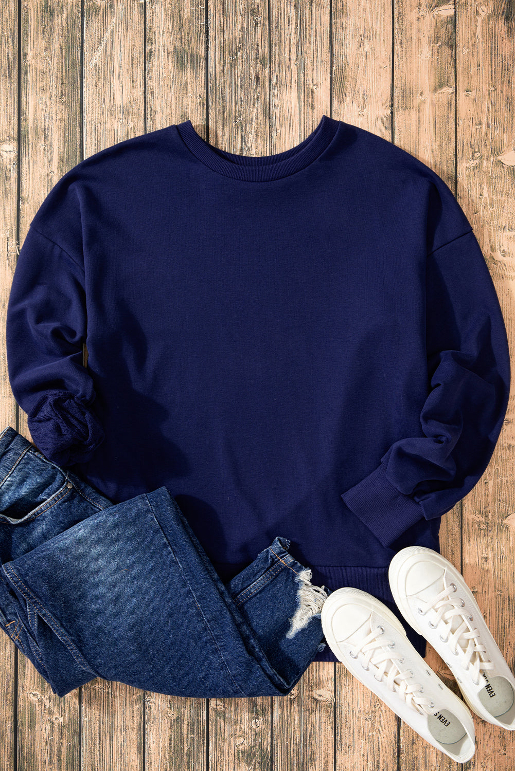 Parchment Solid O Neck High Low Hem Pullover Sweatshirt