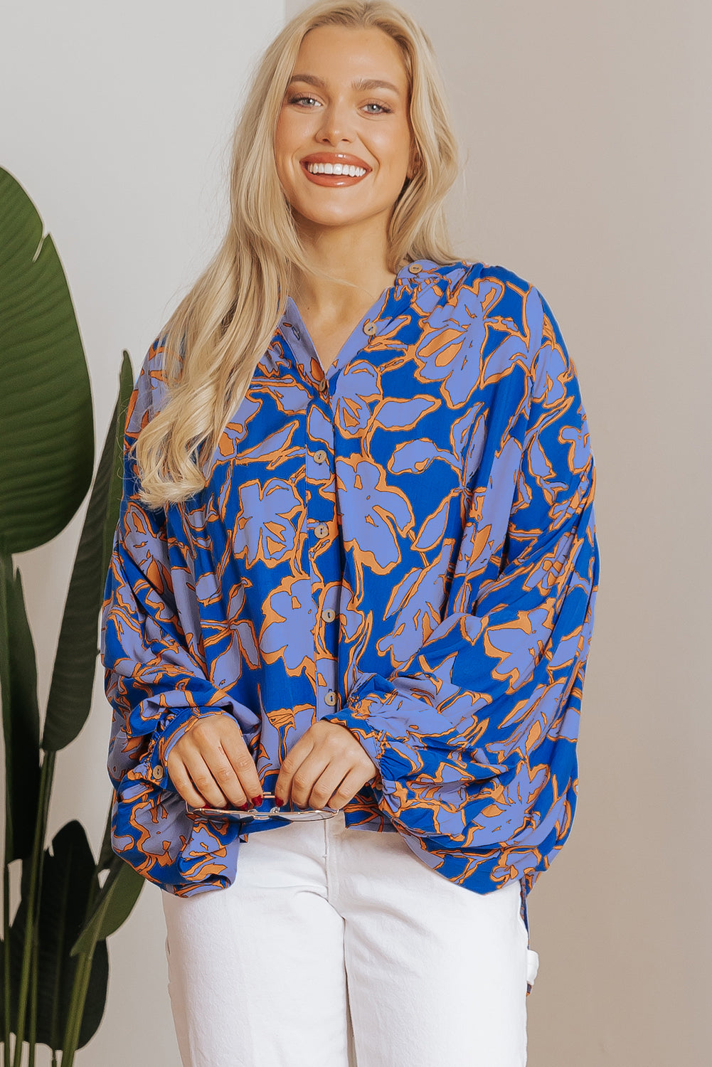 Pink Floral Print Batwing Sleeve Buttoned Loose Fit Shirt