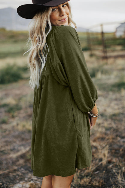 Gold Flame Corduroy Snap Buttons Empire Waist Bracelet Sleeve Dress