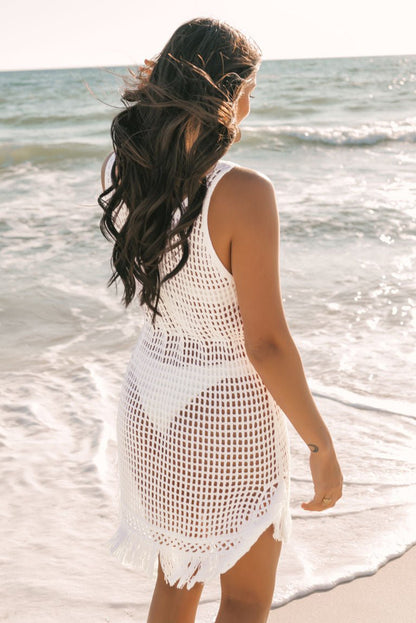 White Crochet Fishnet Fringed Edge V Neck Beach Cover Up