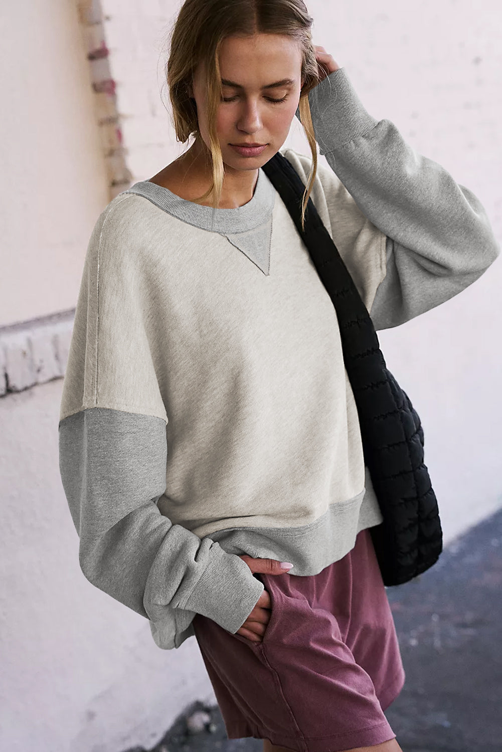 Parchment Color Block Thumbhole Sleeve Drop Shoulder Sweatshirt